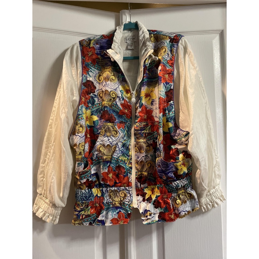 Vintage Lavon Jacket Womens Medium Tropical Floral Windbreaker Zip Up 90s